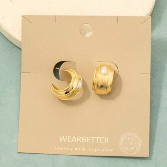 14K GOLD PEARL STUD THICK HOOP EARRINGS - Picture 1 of 1